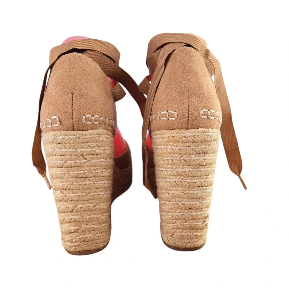 Soda Womens 9 Tan Faux Suede Ribbon Tie Espadrille Wedge Sandals